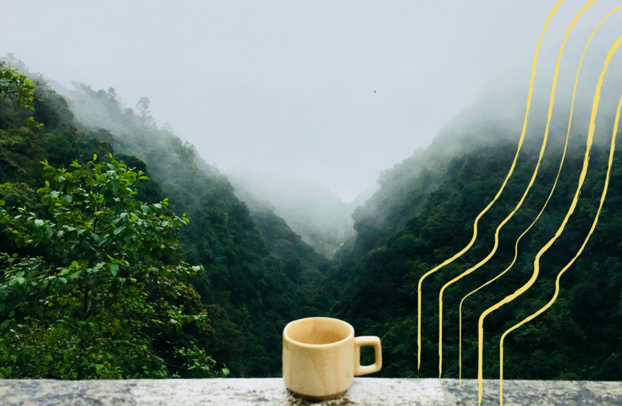 Minimalist image of tea cup with view to green valley in atmospheric cloud